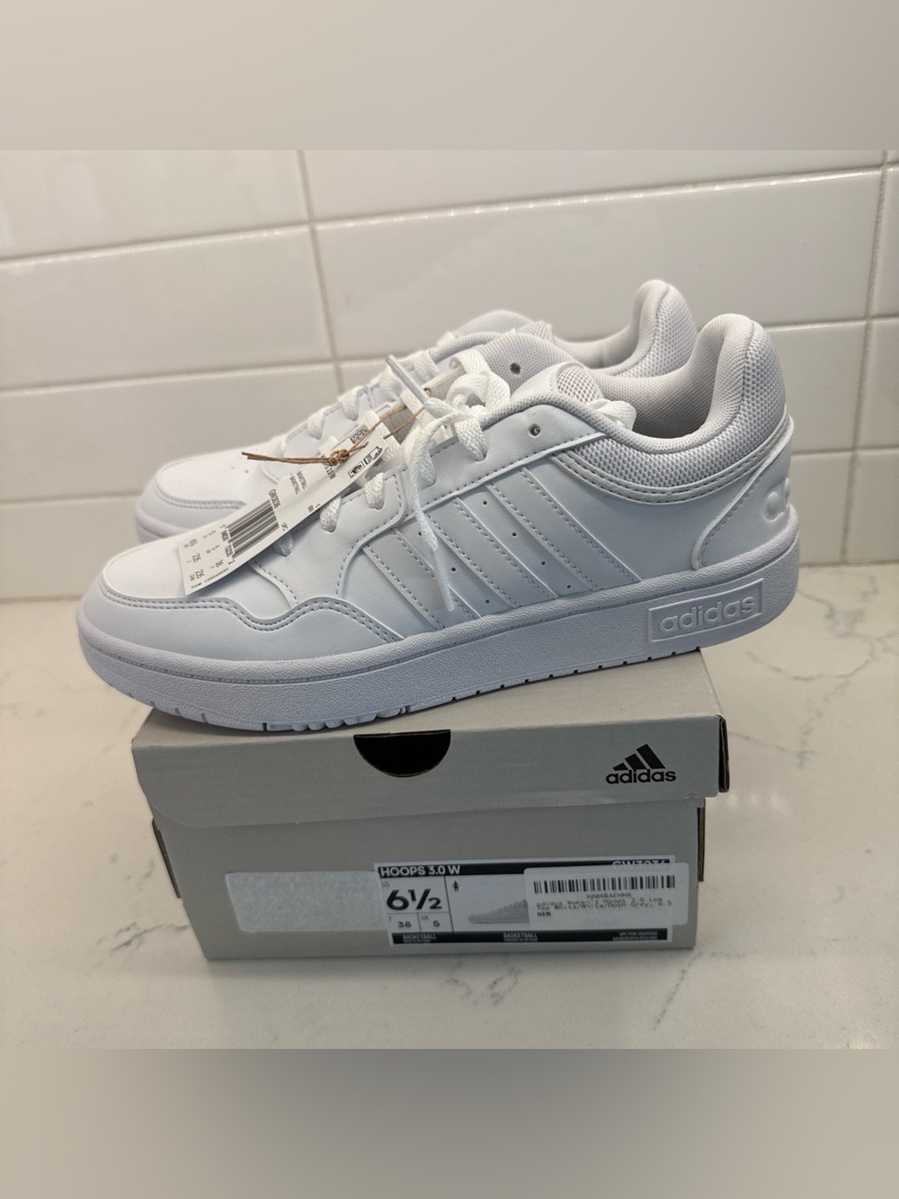 Adidas Hoops 3.0 Women’s All-White Basketball Sneakers Leather Lace Up